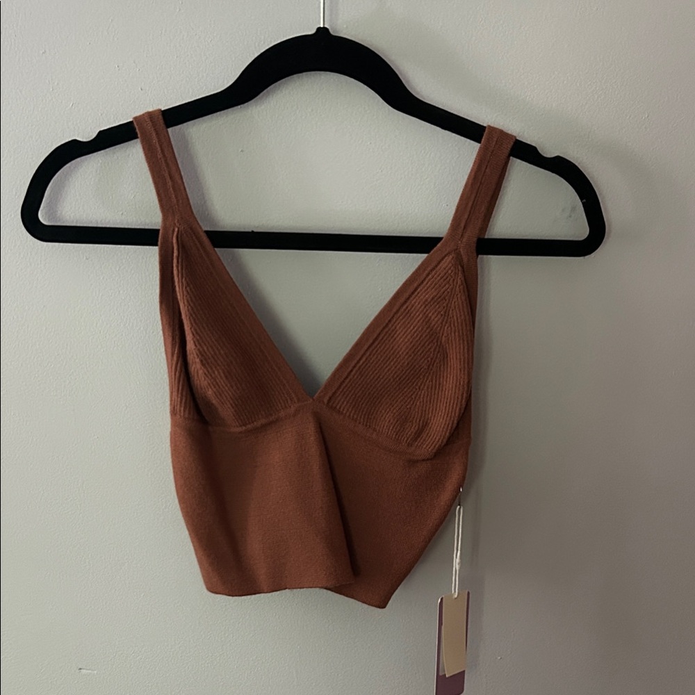 Brown Ribbed Knit Crop Top